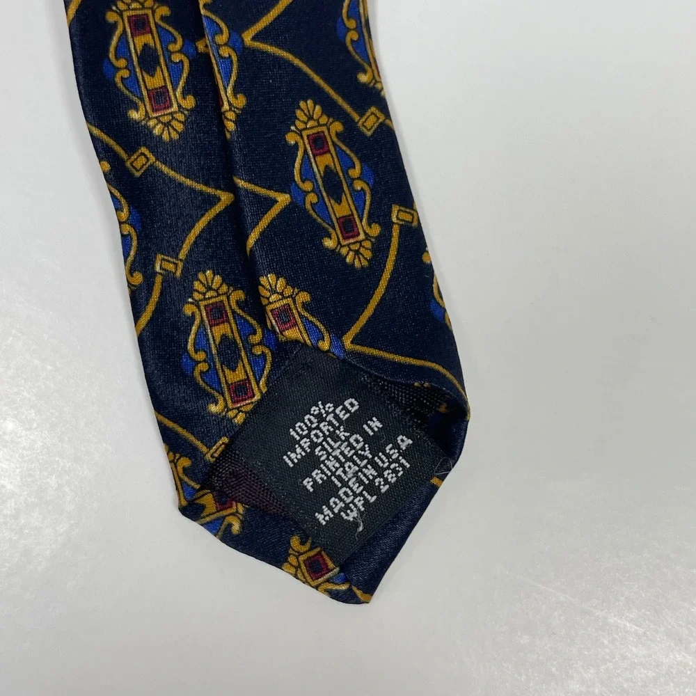 Vintage Domani Necktie Tie Navy Gold Geometric Medallion Italian Silk USA Made